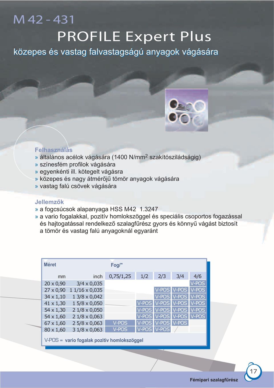 3247» a vario fogalakkal, pozitív homlokszöggel és speciális csoportos fogazással és hajtogatással rendelkező szalagfűrész gyors és könnyű vágást biztosít a tömör és vastag falú anyagoknál