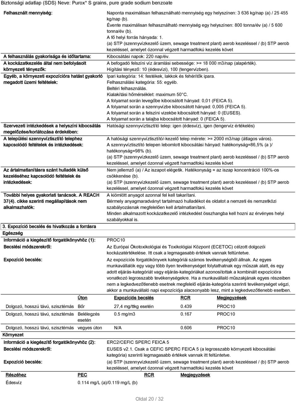 plant) aerob kezeléssel / STP aerob kezeléssel, A felhasználás gyakorisága és időtartama: A kockázatkezelés által nem befolyásolt környezeti tényezők: Egyéb, a környezeti expozícióra hatást gyakorló