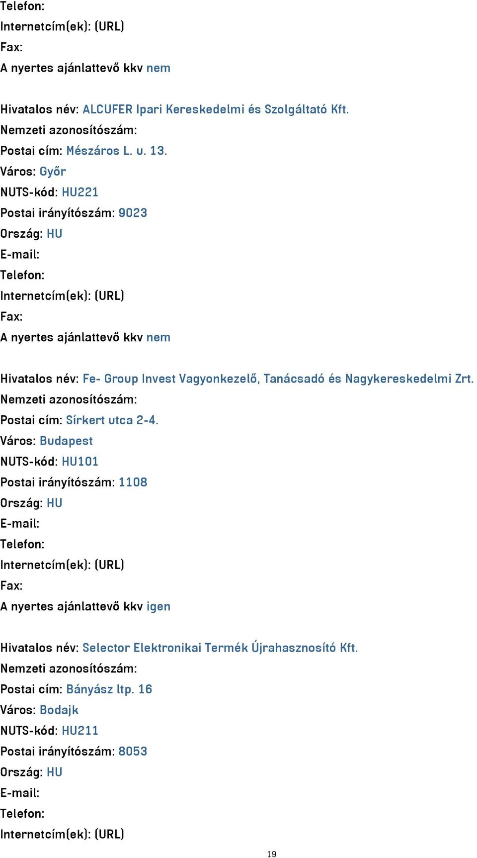 Vagyonkezelő, Tanácsadó és Nagykereskedelmi Zrt. Postai cím: Sírkert utca 2-4.