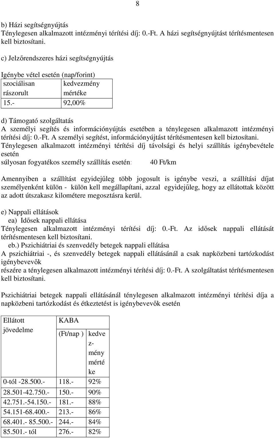 - 92,00% d) Támogató szolgáltatás A személyi segítés és információnyújtás esetében a ténylegesen alkalmazott intézményi térítési díj: 0.-Ft.