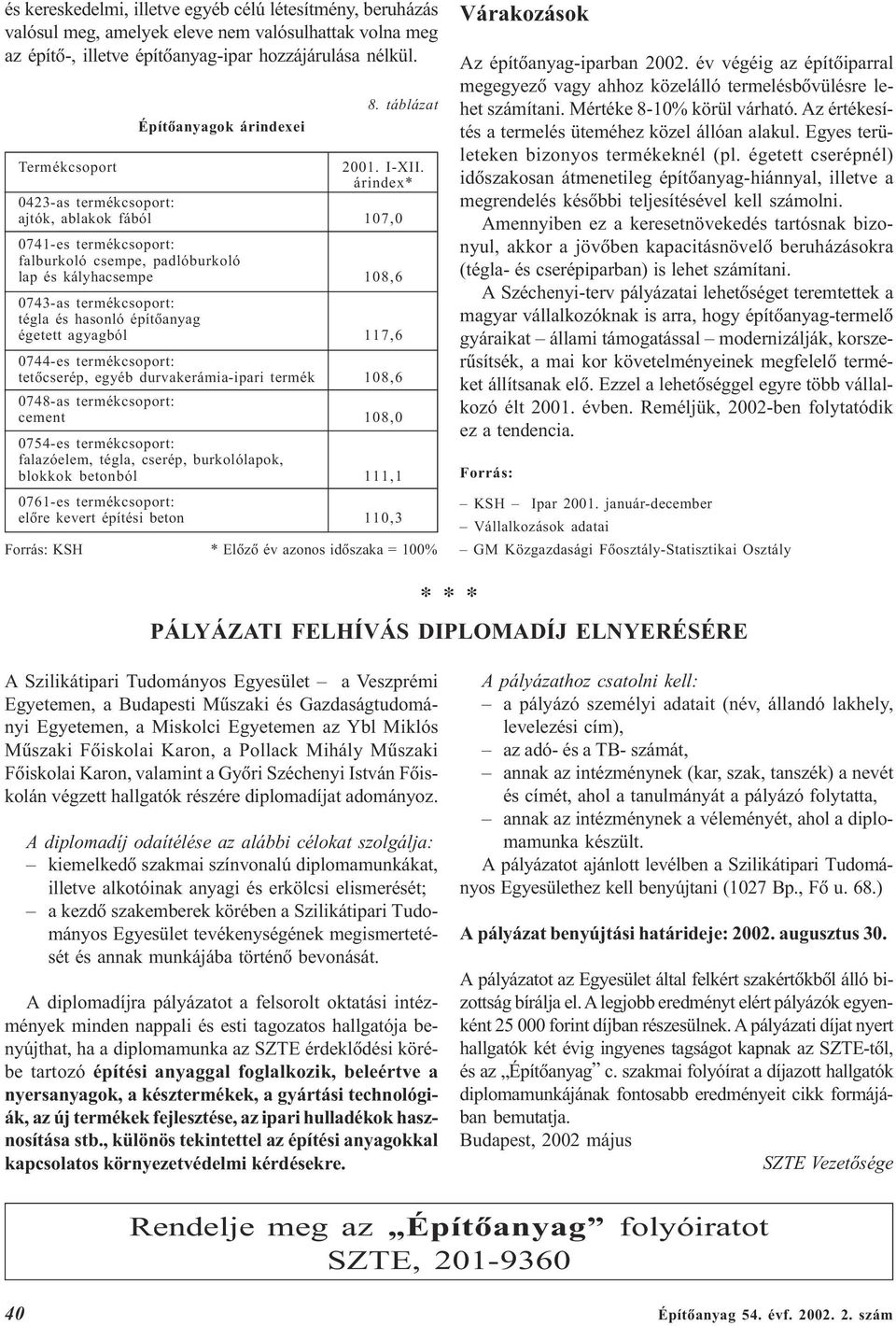 árindex* 0423-as termékcsoport: ajtók, ablakok fából 107,0 0741-es termékcsoport: falburkoló csempe, padlóburkoló lap és kályhacsempe 108,6 0743-as termékcsoport: tégla és hasonló építõanyag égetett