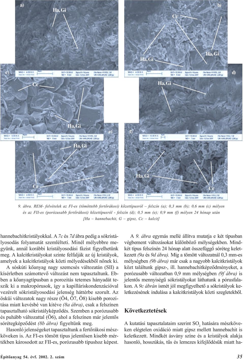 REM- felvételek az FI-es (tömöttebb fertõrákosi) kõzettípusról felszín (a); 0,3 mm (b); 0,6 mm (c) mélyen és az FII-es (porózusabb fertõrákosi) kõzettípusról - felszín (d); 0,5 mm (e); 0,9 mm (f)