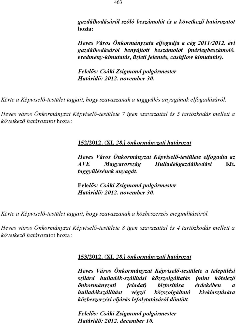 Heves város Önkormányzat Képviselő-testülete 7 igen szavazattal és 5 tartózkodás mellett a következő határozatot hozta: 152/2012. (XI. 28.