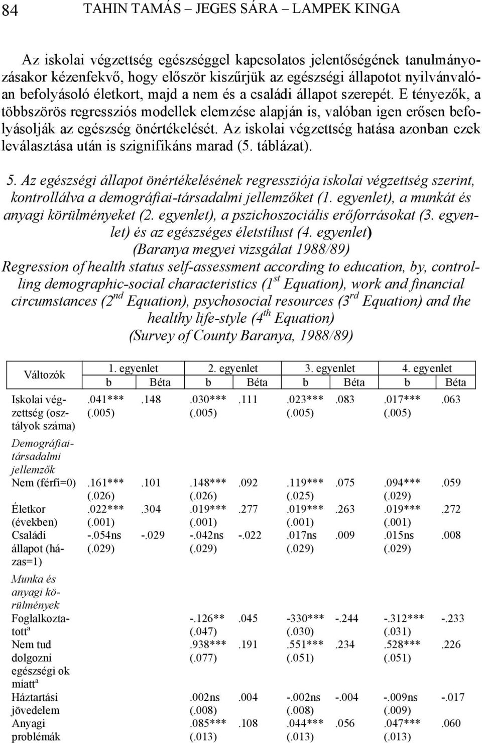 Az iskolai végzettség hatása azonban ezek leválasztása után is szignifikáns marad (5. táblázat). 5.