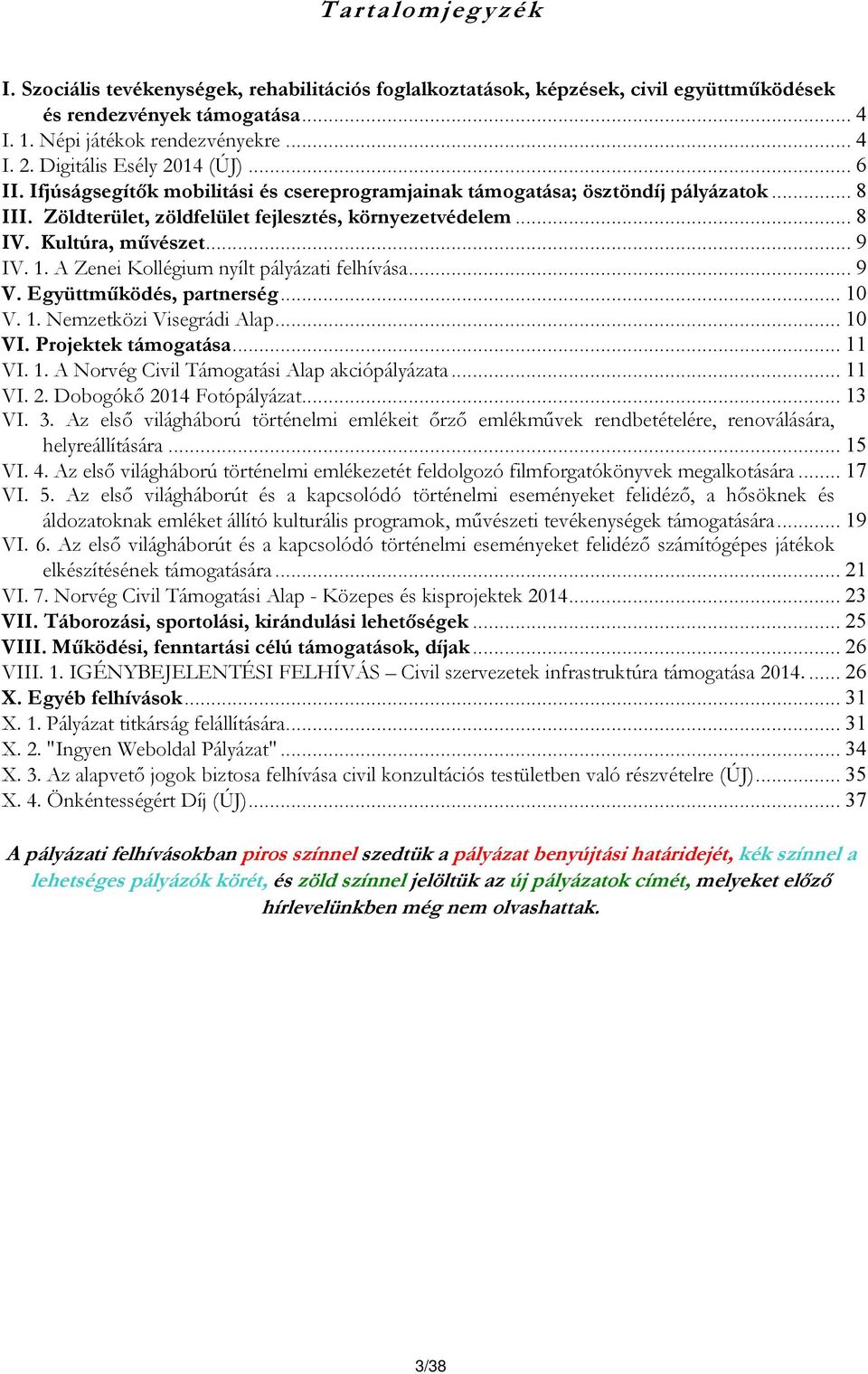 Kultúra, művészet... 9 IV. 1. A Zenei Kollégium nyílt pályázati felhívása... 9 V. Együttműködés, partnerség... 10 V. 1. Nemzetközi Visegrádi Alap... 10 VI. Projektek támogatása... 11 VI. 1. A Norvég Civil Támogatási Alap akciópályázata.