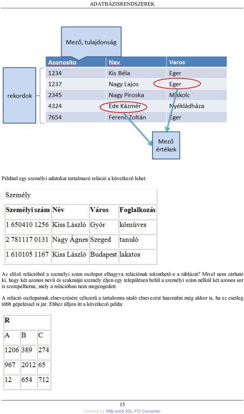 Mivel nem zárható ki, hogy két azonos nevű és szakmájú személy éljen egy településen belül a személyi szám nélkül két azonos sor