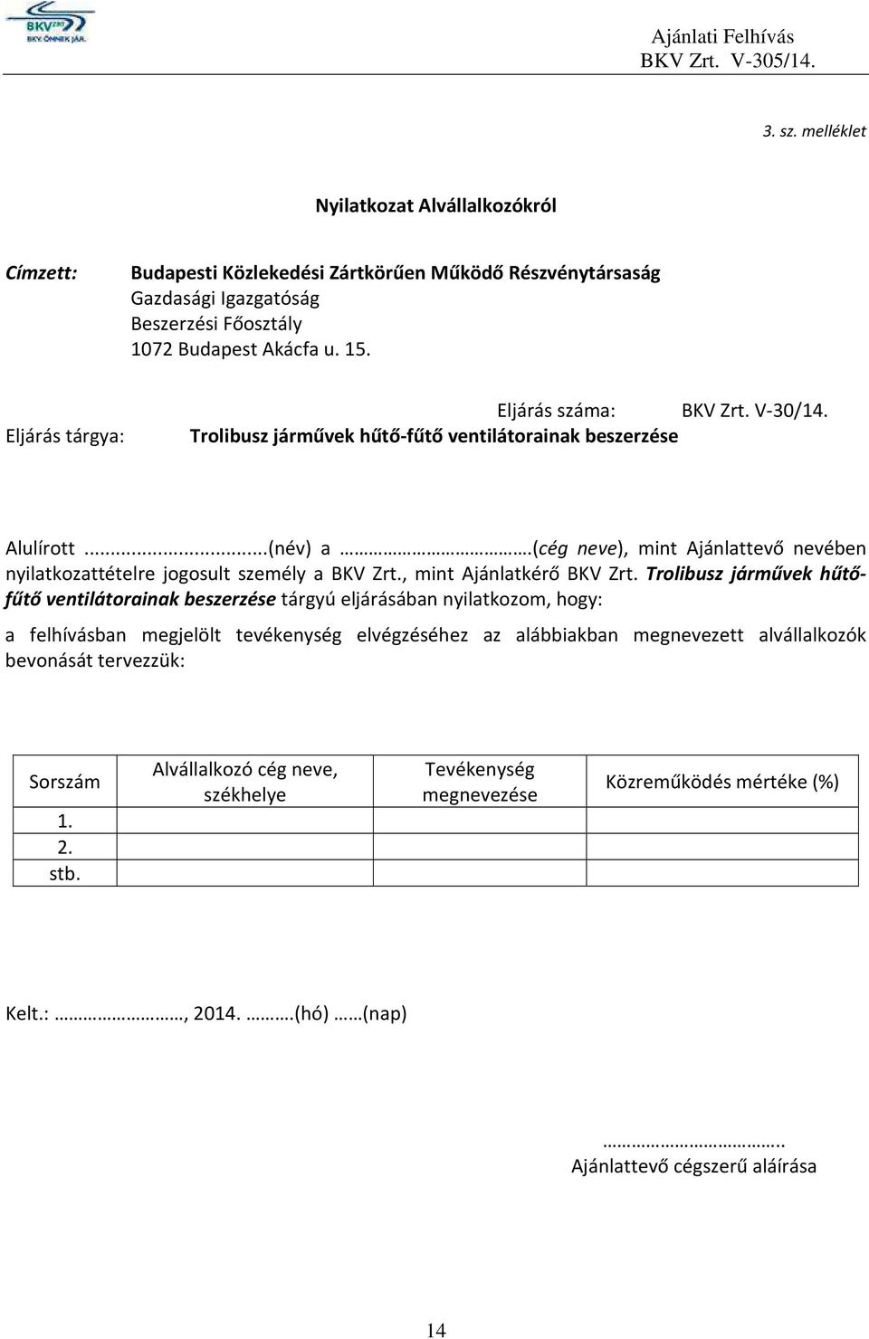 (cég neve), mint Ajánlattevő nevében nyilatkozattételre jogosult személy a BKV Zrt., mint Ajánlatkérő BKV Zrt.