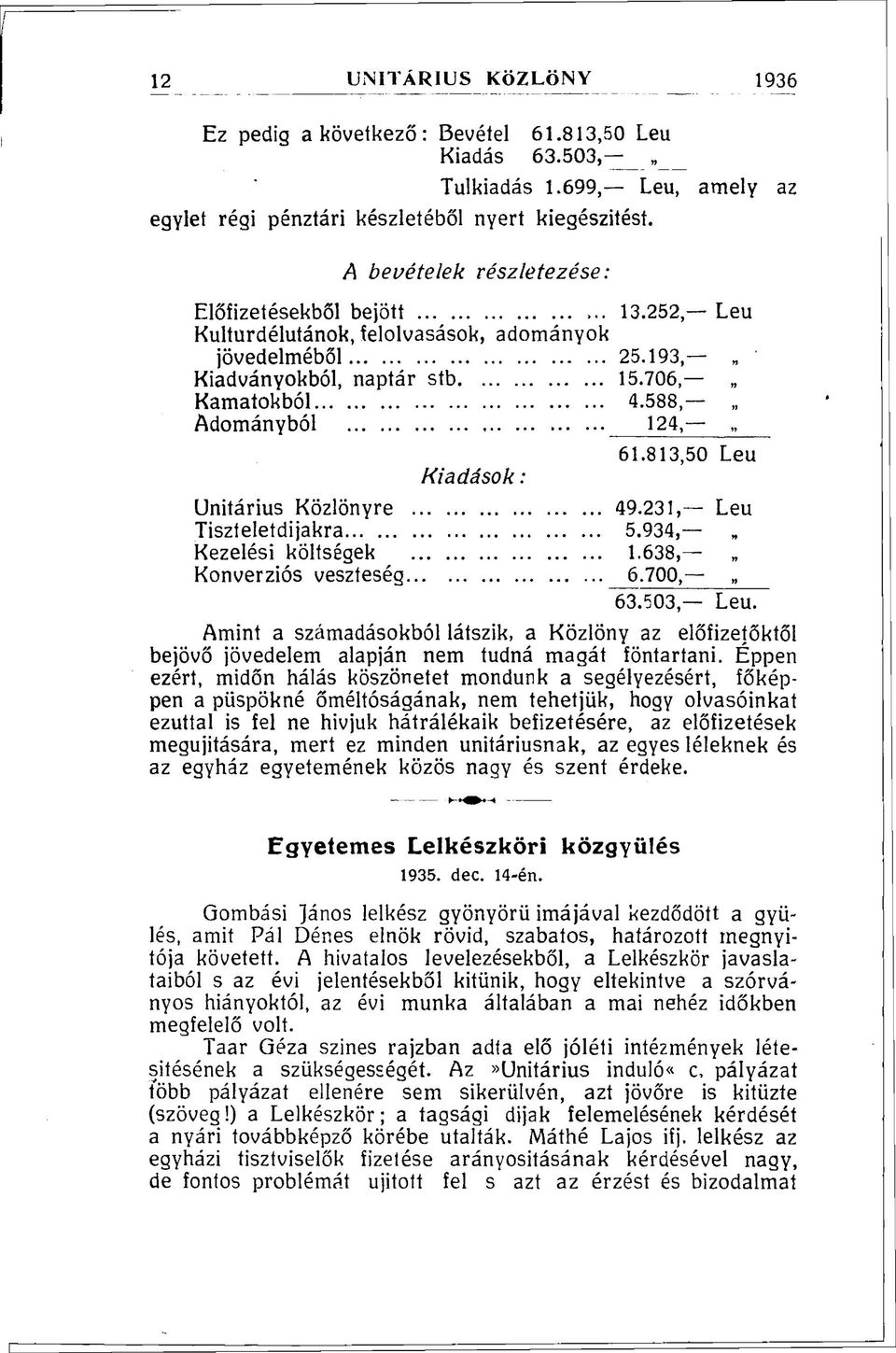 813,50 Leu Kiadások: Unitárius Közlönyre 49.231, Leu Tiszteletdijakra 5.934, * Kezelési költségek 1.638, Konverziós veszteség 6.700, 63.503, Leu.