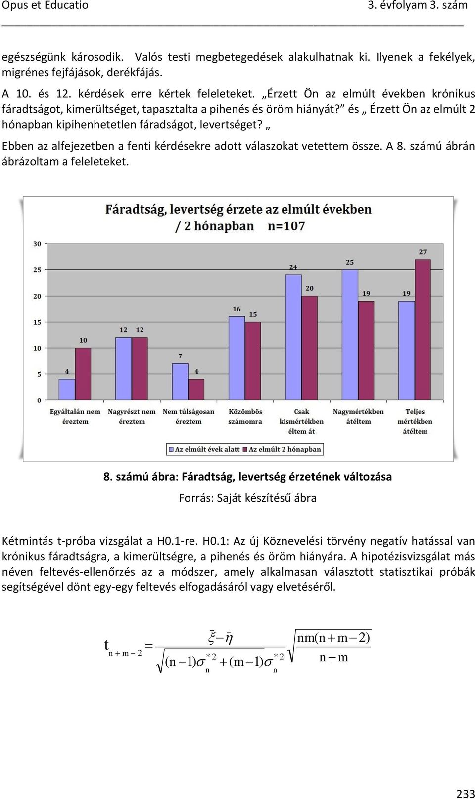 Ebben az alfejezetben a fenti kérdésekre adott válaszokat vetettem össze. A 8. számú ábrán ábrázoltam a feleleteket. 8. számú ábra: Fáradtság, levertség érzetének változása Kétmintás t-próba vizsgálat a H0.