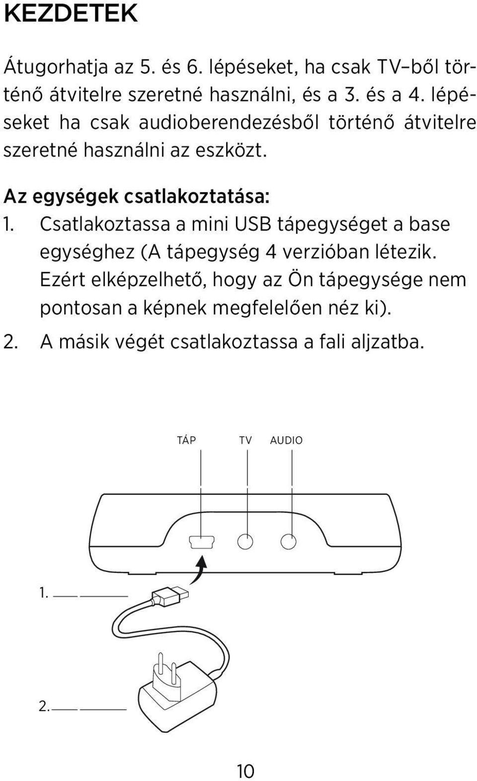 Csatlakoztassa a mini USB tápegységet a base egységhez (A tápegység 4 verzióban létezik.