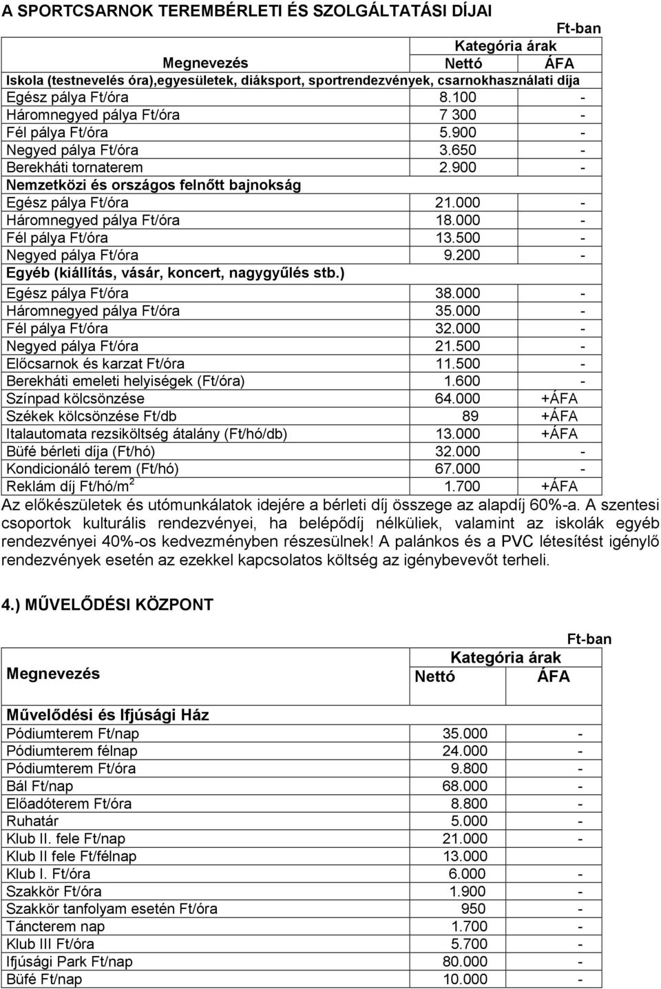 000 - Háromnegyed pálya Ft/óra 18.000 - Fél pálya Ft/óra 13.500 - Negyed pálya Ft/óra 9.200 - Egyéb (kiállítás, vásár, koncert, nagygyőlés stb.) Egész pálya Ft/óra 38.