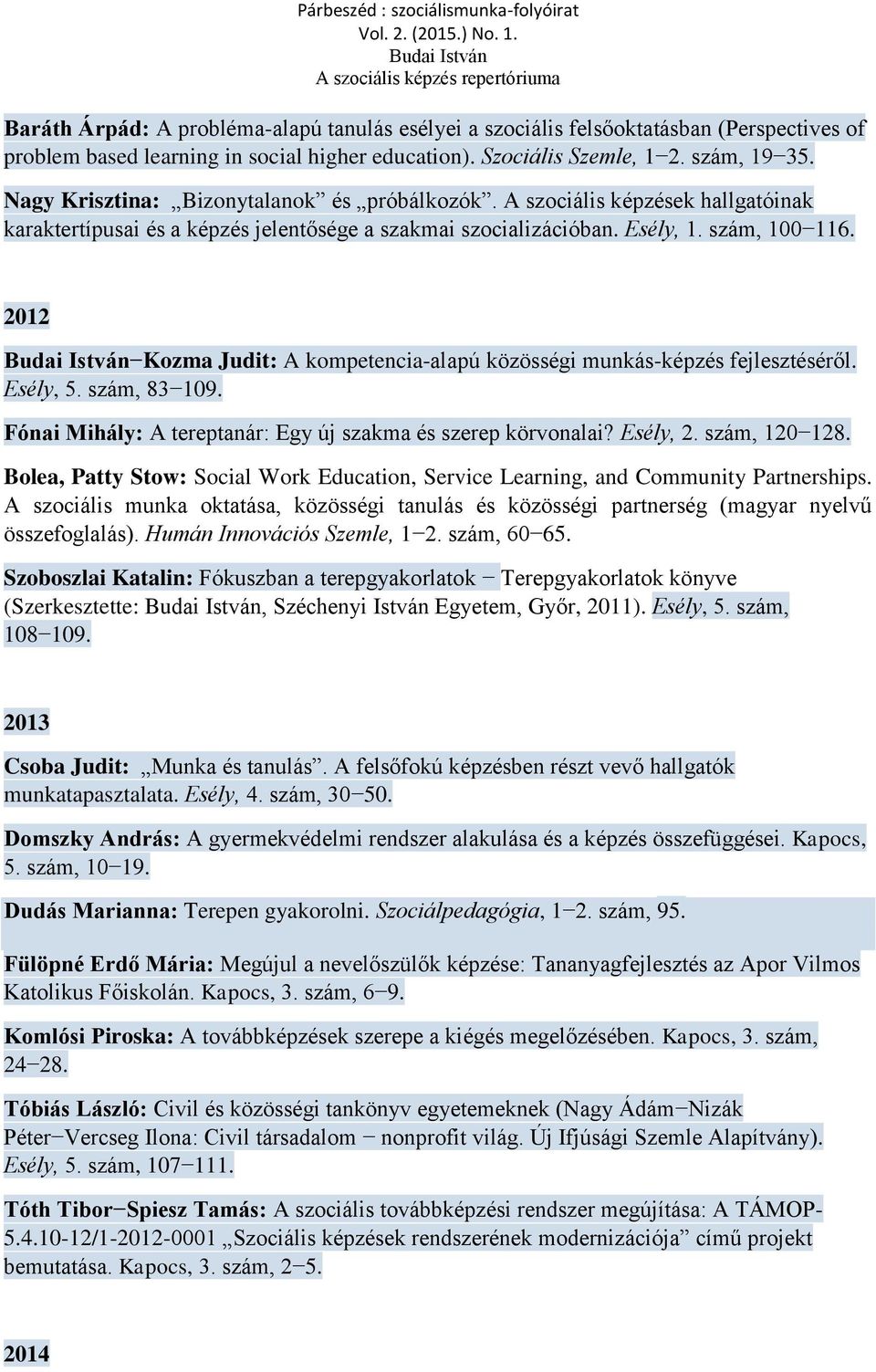 2012 Kozma Judit: A kompetencia-alapú közösségi munkás-képzés fejlesztéséről. Esély, 5. szám, 83 109. Fónai Mihály: A tereptanár: Egy új szakma és szerep körvonalai? Esély, 2. szám, 120 128.