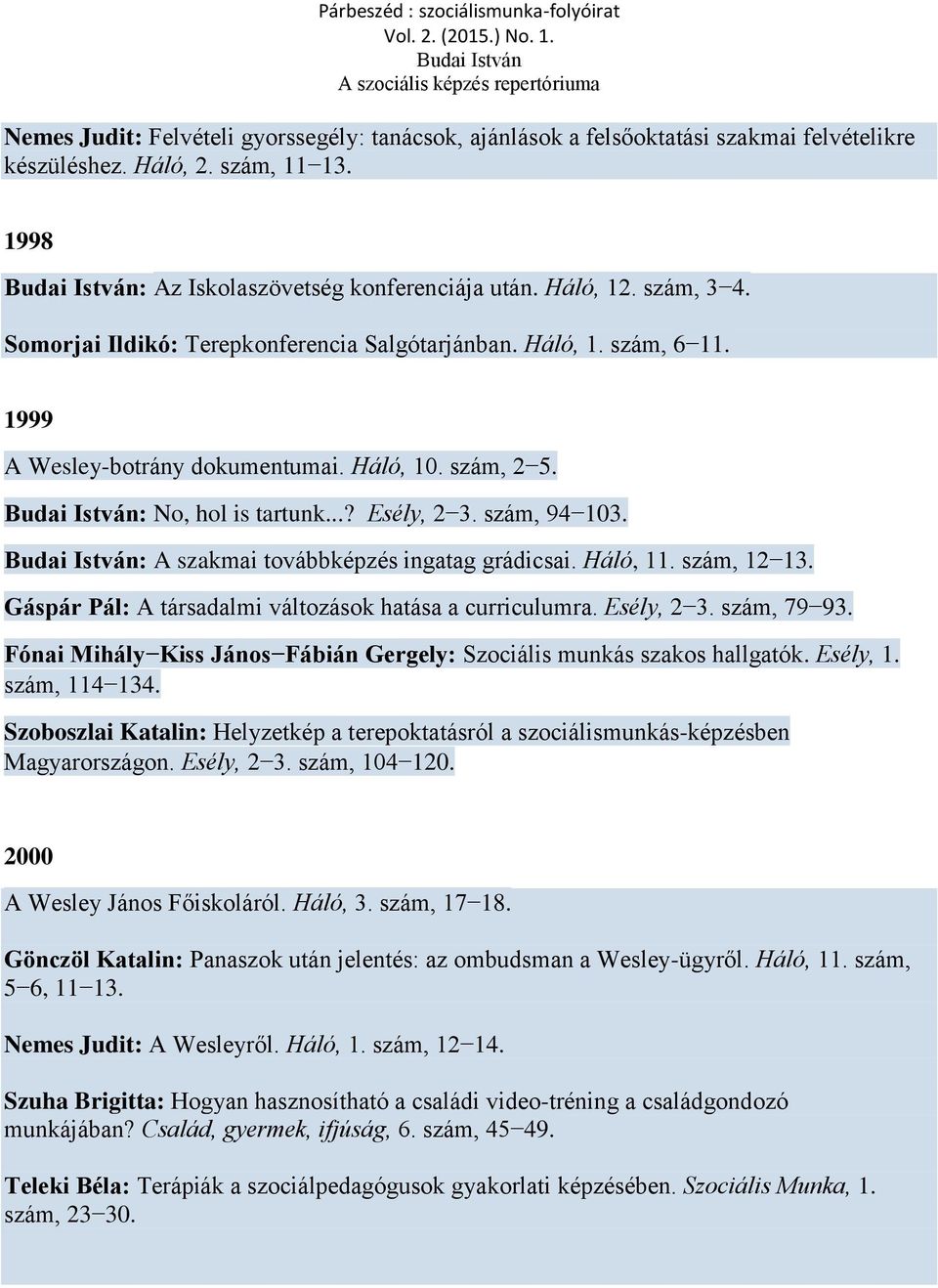 : A szakmai továbbképzés ingatag grádicsai. Háló, 11. szám, 12 13. Gáspár Pál: A társadalmi változások hatása a curriculumra. Esély, 2 3. szám, 79 93.