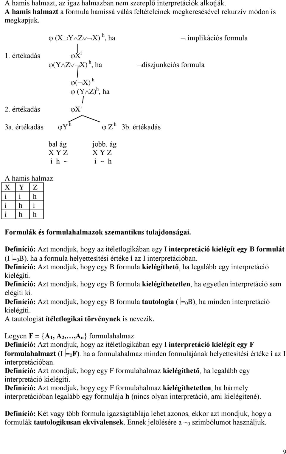 ág X Y Z i ~ h A hamis halmaz X Y Z i i h i h i i h h Formulák és formulahalmazok szemantikus tulajdonságai.