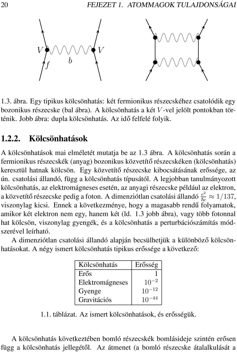 A kölcsönhatás során a fermionikus részecskék (anyag) bozonikus közvetítő részecskéken (kölcsönhatás) keresztül hatnak kölcsön. Egy közvetítő részecske kibocsátásának erőssége, az ún.