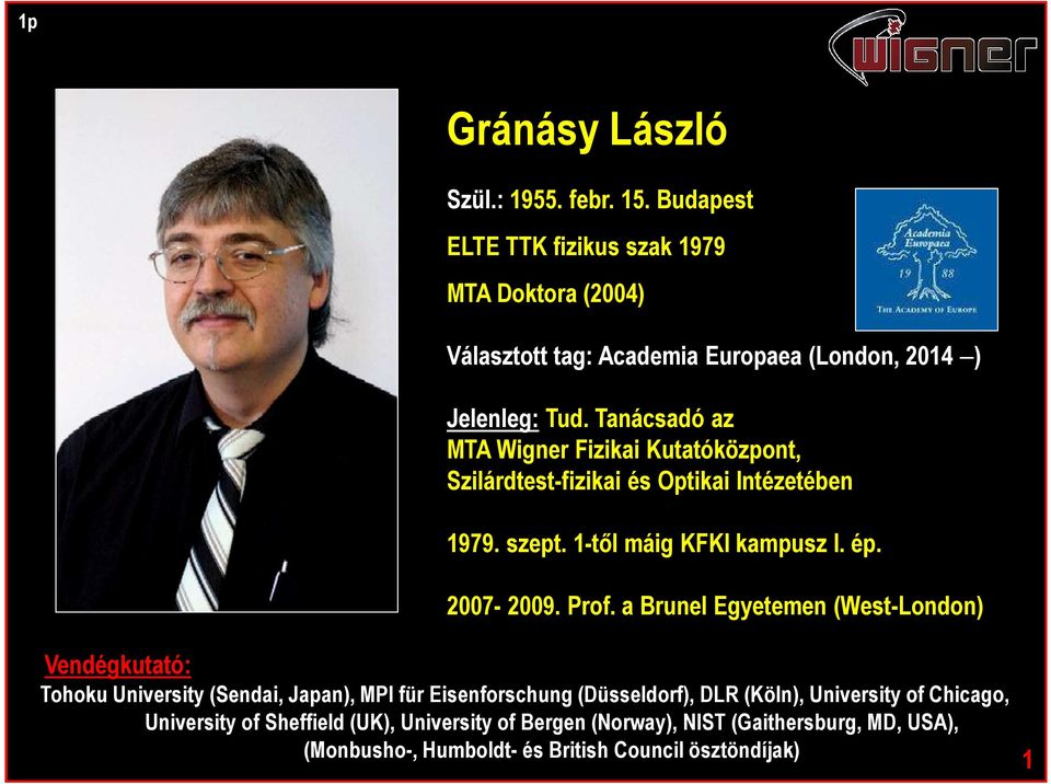 Tanácsadó az MTA Wigner Fizikai Kutatóközpont, Szilárdtest-fizikai és Optikai Intézetében 1979. szept. 1-től máig KFKI kampusz I. ép. 2007-2009. Prof.