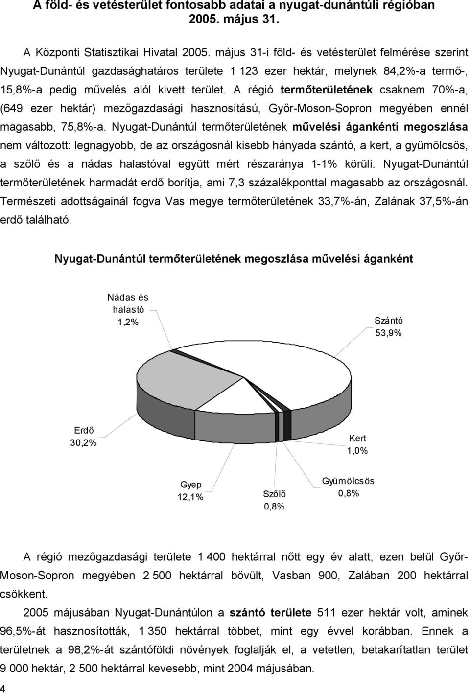 A régió termőterületének csaknem 70%-a, (649 ezer hektár) mezőgazdasági hasznosítású, Győr-Moson-Sopron megyében ennél magasabb, 75,8%-a.