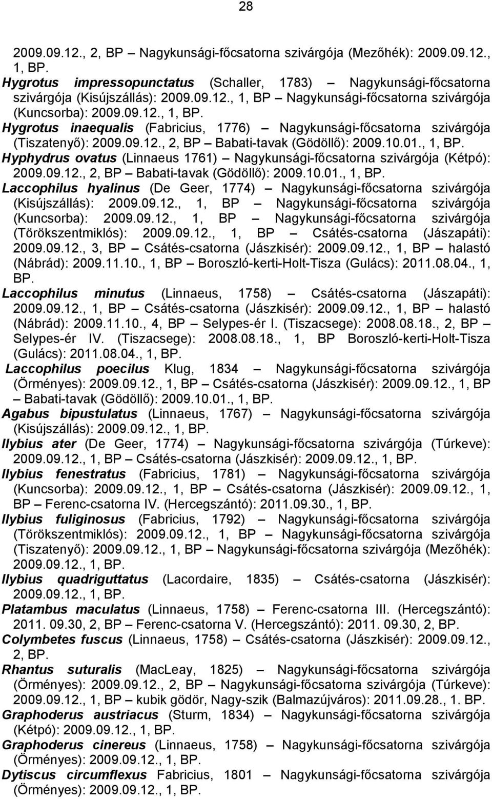 , 1, Hyphydrus ovatus (Linnaeus 1761) Nagykunsági-főcsatorna szivárgója (Kétpó): 2009.09.12., 2, BP Babati-tavak (Gödöllő): 2009.10.01.
