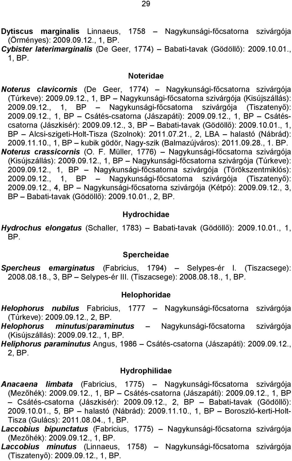 09.12., 1, BP Csátés-csatorna (Jászapáti): 2009.09.12., 1, BP Csátéscsatorna (Jászkisér): 2009.09.12., 3, BP Babati-tavak (Gödöllő): 2009.10.01., 1, BP Alcsi-szigeti-Holt-Tisza (Szolnok): 2011.07.21.