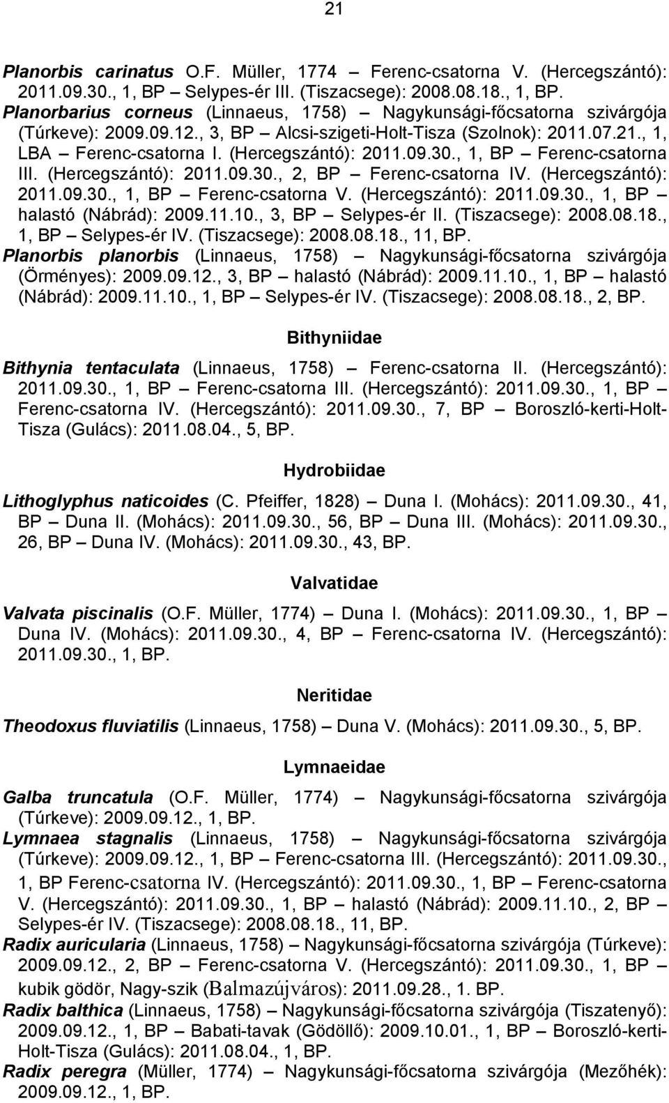 (Hercegszántó): 2011.09.30., 1, BP Ferenc-csatorna III. (Hercegszántó): 2011.09.30., 2, BP Ferenc-csatorna IV. (Hercegszántó): 2011.09.30., 1, BP Ferenc-csatorna V. (Hercegszántó): 2011.09.30., 1, BP halastó (Nábrád): 2009.