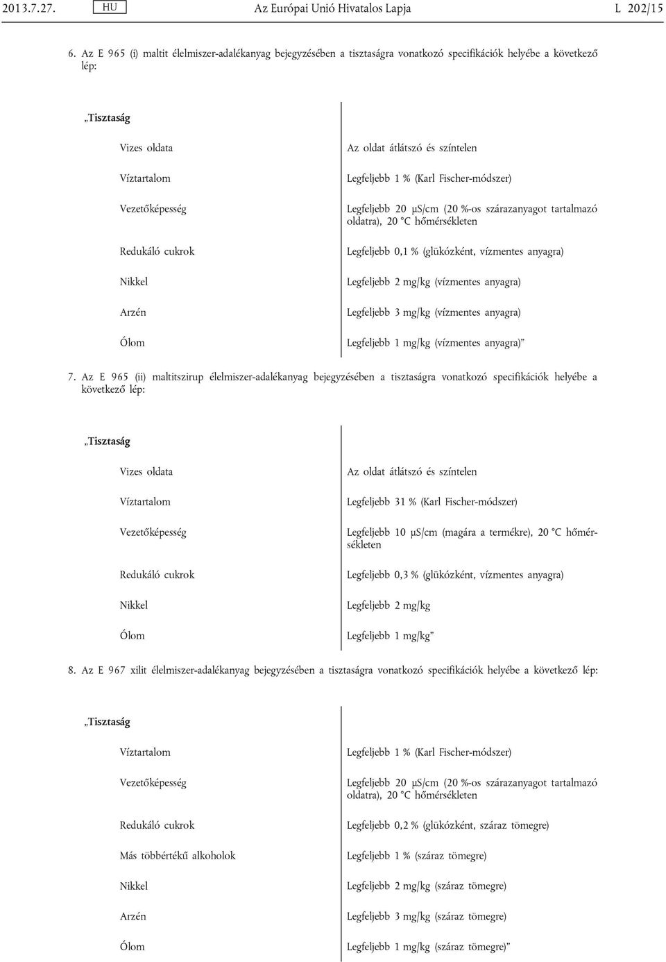 Fischer-módszer) Legfeljebb 0,1 % (glükózként, vízmentes anyagra) Legfeljebb 2 mg/kg (vízmentes anyagra) Legfeljebb 3 mg/kg (vízmentes anyagra) Legfeljebb 1 mg/kg (vízmentes anyagra) 7.