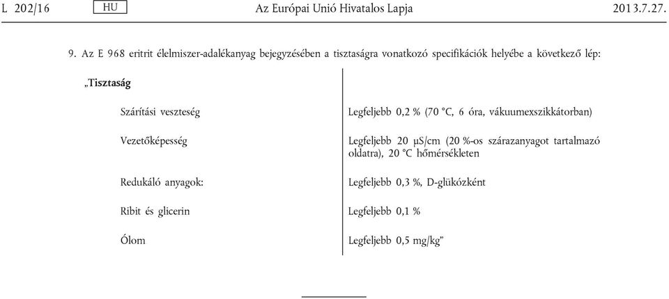 specifikációk helyébe a következő lép: Szárítási veszteség Redukáló anyagok: Legfeljebb