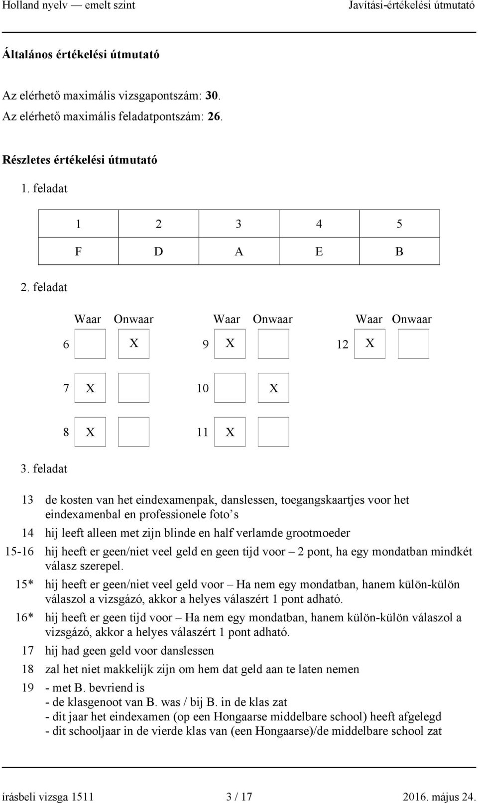 feladat 13 de kosten van het eindexamenpak, danslessen, toegangskaartjes voor het eindexamenbal en professionele foto s 14 hij leeft alleen met zijn blinde en half verlamde grootmoeder 15-16 hij