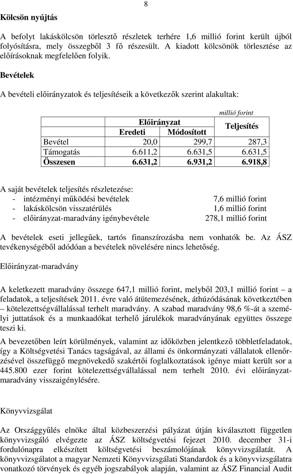 Bevételek A bevételi előirányzatok és teljesítéseik a következők szerint alakultak: millió forint Előirányzat Eredeti Módosított Teljesítés Bevétel 20,0 299,7 287,3 Támogatás 6.611,2 6.631,5 6.