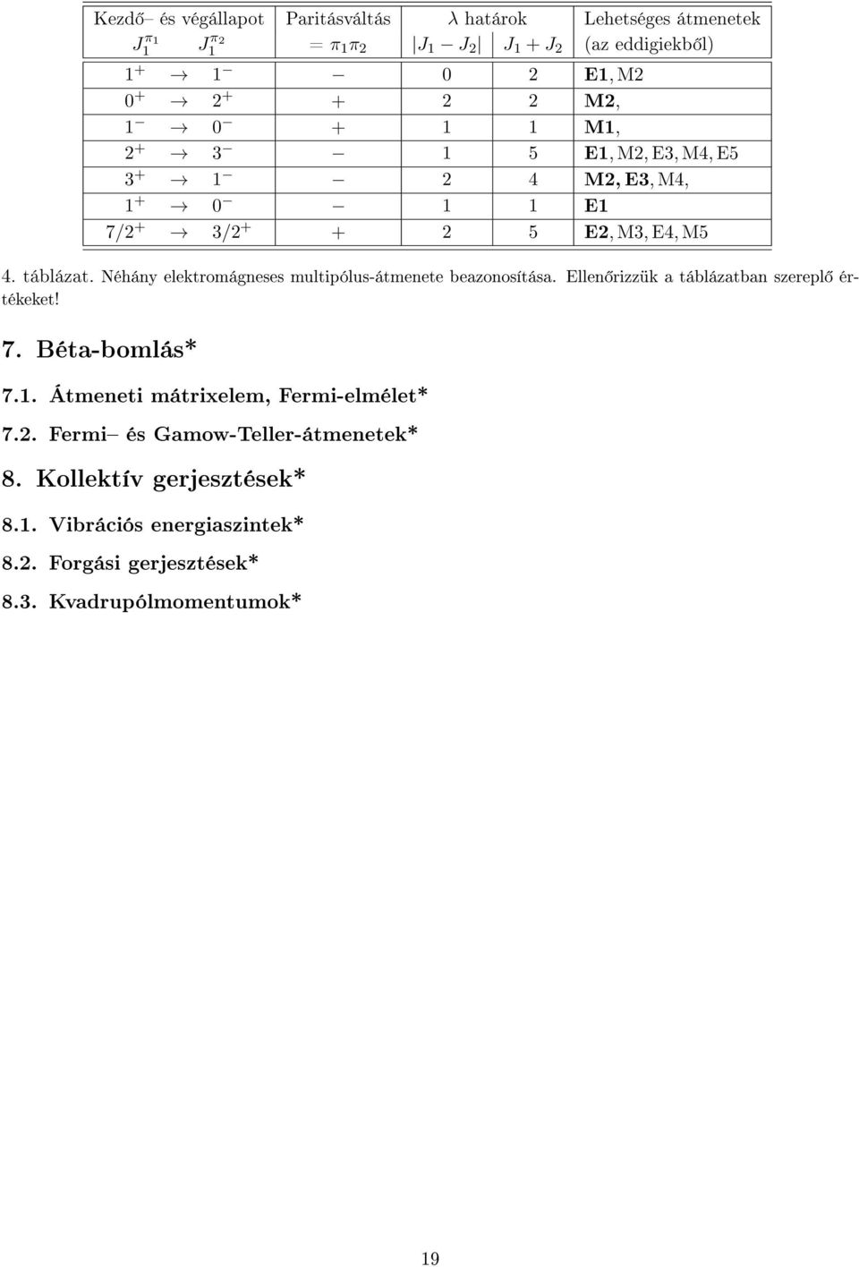 Néhány elektromágneses multipólus-átmenete beazonosítása. Ellen rizzük a táblázatban szerepl értékeket! 7. Béta-bomlás* 7.