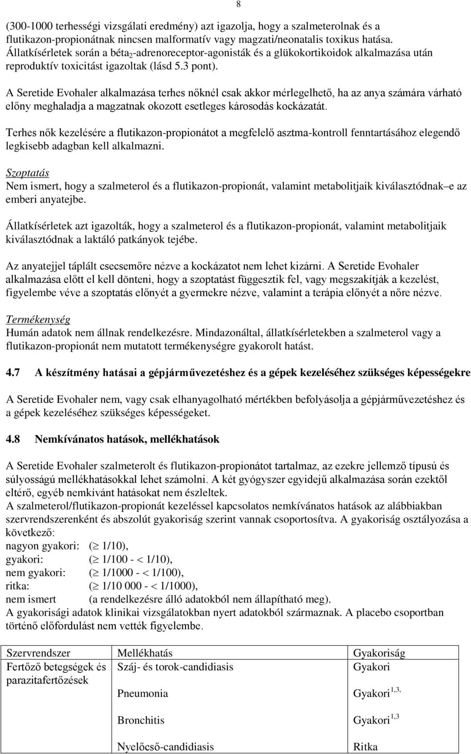 A Seretide Evohaler alkalmazása terhes nőknél csak akkor mérlegelhető, ha az anya számára várható előny meghaladja a magzatnak okozott esetleges károsodás kockázatát.