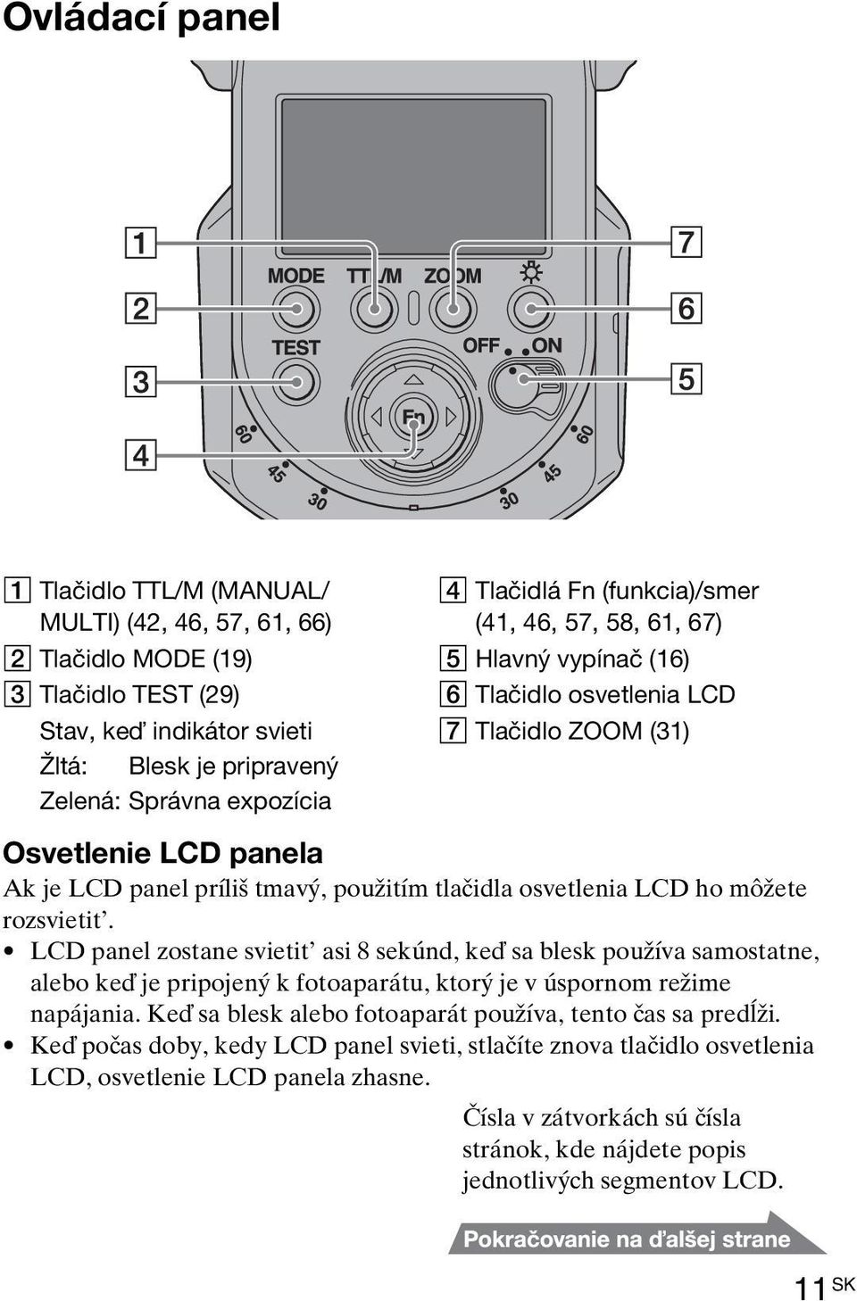 osvetlenia LCD ho môžete rozsvietit. LCD panel zostane svietit asi 8 sekúnd, keď sa blesk používa samostatne, alebo keď je pripojený k fotoaparátu, ktorý je v úspornom režime napájania.