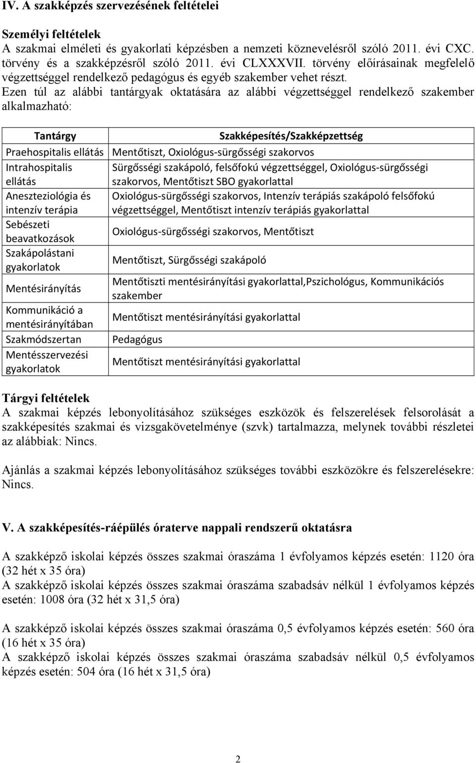 Ezen túl az alábbi tantárgyak oktatására az alábbi végzettséggel rendelkező szakember alkalmazható: Tantárgy Szakképesítés/Szakképzettség Praehospitalis ellátás Mentőtiszt, Oiológus sürgősségi