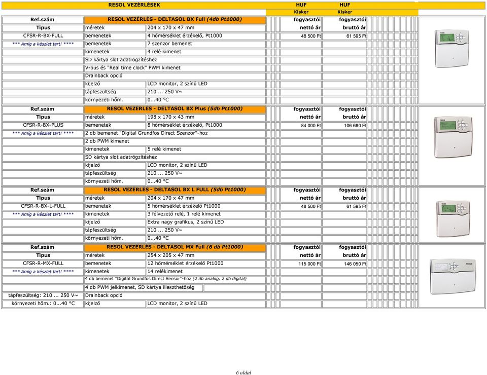 .. 250 V~ környezeti hőm. 0...40 C RESOL VEZÉRLÉS - DELTASOL BX Plus (5db Pt1000) CFSR-R-BX-PLUS *** Amíg a készlet tart!