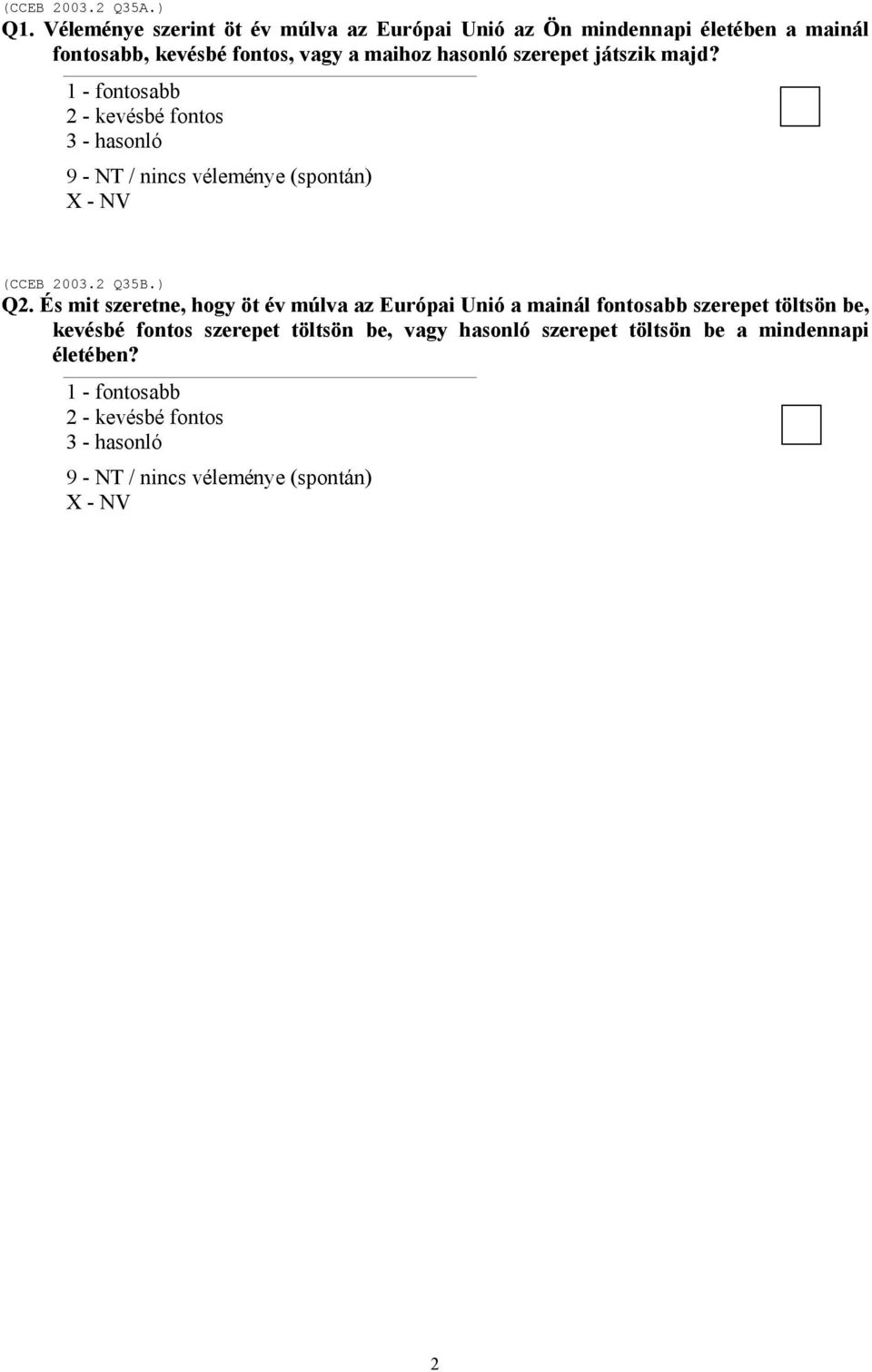 szerepet játszik majd? 1 - fontosabb 2 - kevésbé fontos 3 - hasonló 9 - NT / nincs (spontán) X - (CCEB 2003.2 Q35B.) Q2.