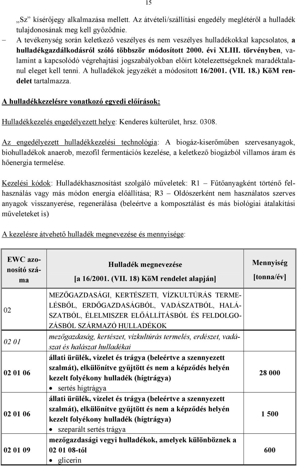 törvényben, valamint a kapcsolódó végrehajtási jogszabályokban előírt kötelezettségeknek maradéktalanul eleget kell tenni. A hulladékok jegyzékét a módosított 16/2001. (VII. 18.