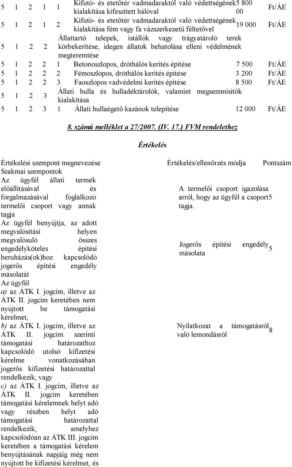 kerítés építése 7 500 5 1 2 2 2 Fémoszlopos, dróthálós kerítés építése 3 200 5 1 2 2 3 Faoszlopos vadvédelmi kerítés építése 8 500 5 1 2 3 Állati hulla és hulladéktárolók, valamint megsemmisítők