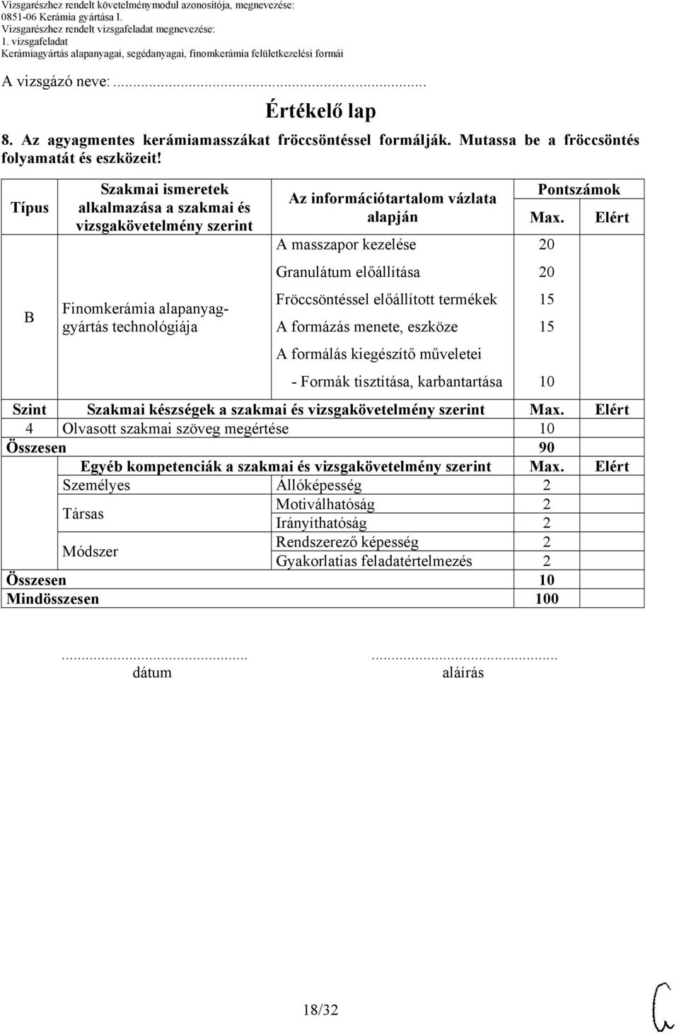 előállítása Fröccsöntéssel előállított termékek A formázás menete, eszköze A formálás kiegészítő műveletei - Formák tisztítása, karbantartása Pontszámok Max.