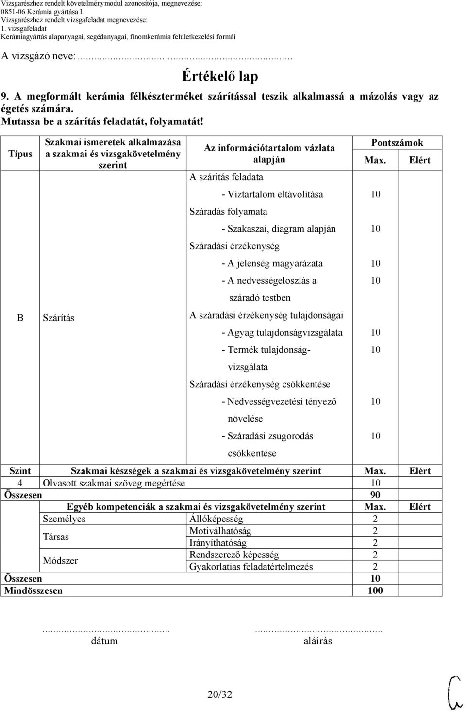 Szakaszai, diagram alapján Száradási érzékenység - A jelenség magyarázata - A nedvességeloszlás a száradó testben A száradási érzékenység tulajdonságai - Agyag tulajdonságvizsgálata - Termék