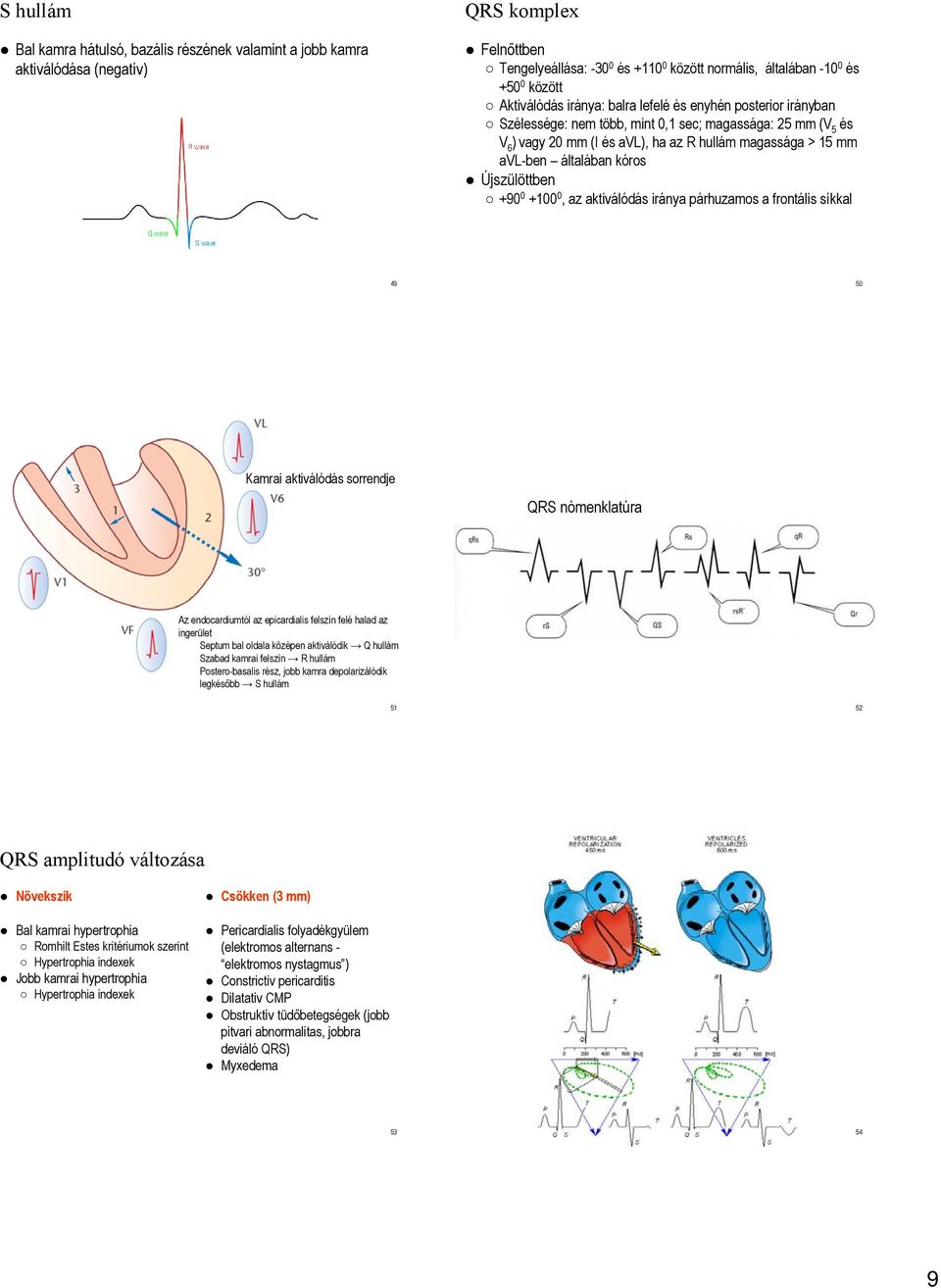 általában kóros Újszülöttben +90 0 +100 0, az aktiválódás iránya párhuzamos a frontális síkkal 49 50 Kamrai aktiválódás sorrendje QRS nómenklatúra Az endocardiumtól az epicardialis felszín felé halad