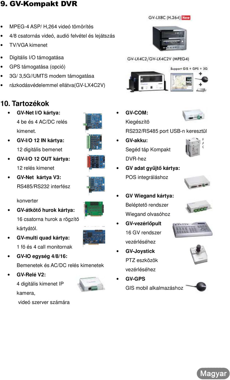 GV-I/O 12 IN kártya: 12 digitális bemenet GV-I/O 12 OUT kártya: 12 relés kimenet GV-Net kártya V3: RS485/RS232 interfész konverter GV-átkötő hurok kártya: 16 csatorna hurok a rögzítő kártyától.