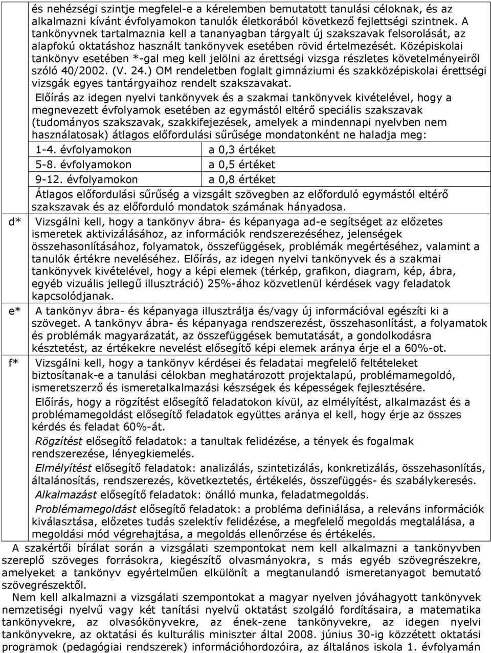 Középiskolai tankönyv esetében *-gal meg kell jelölni az érettségi vizsga részletes követelményeiről szóló 40/2002. (V. 24.