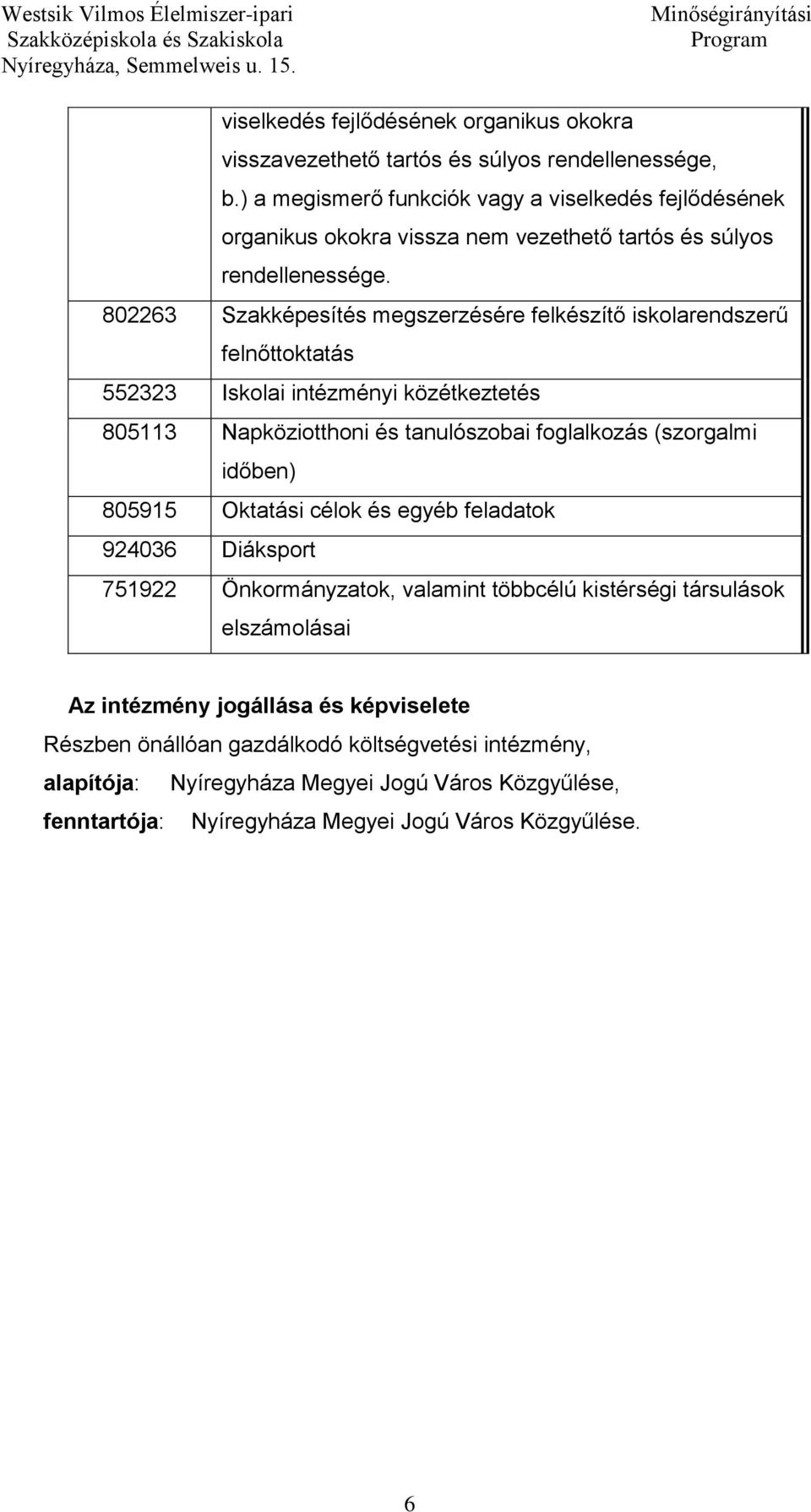 802263 Szakképesítés megszerzésére felkészítő iskolarendszerű felnőttoktatás 552323 Iskolai intézményi közétkeztetés 805113 Napköziotthoni és tanulószobai foglalkozás (szorgalmi