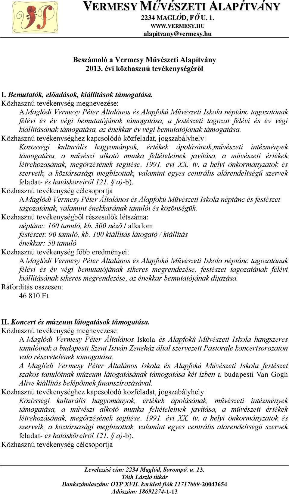 énekkar év végi bemutatójának támogatása. A Maglódi Vermesy Péter Általános és Alapfokú Művészeti Iskola néptánc és festészet tagozatának, valamint énekkarának tanulói és közönségük.