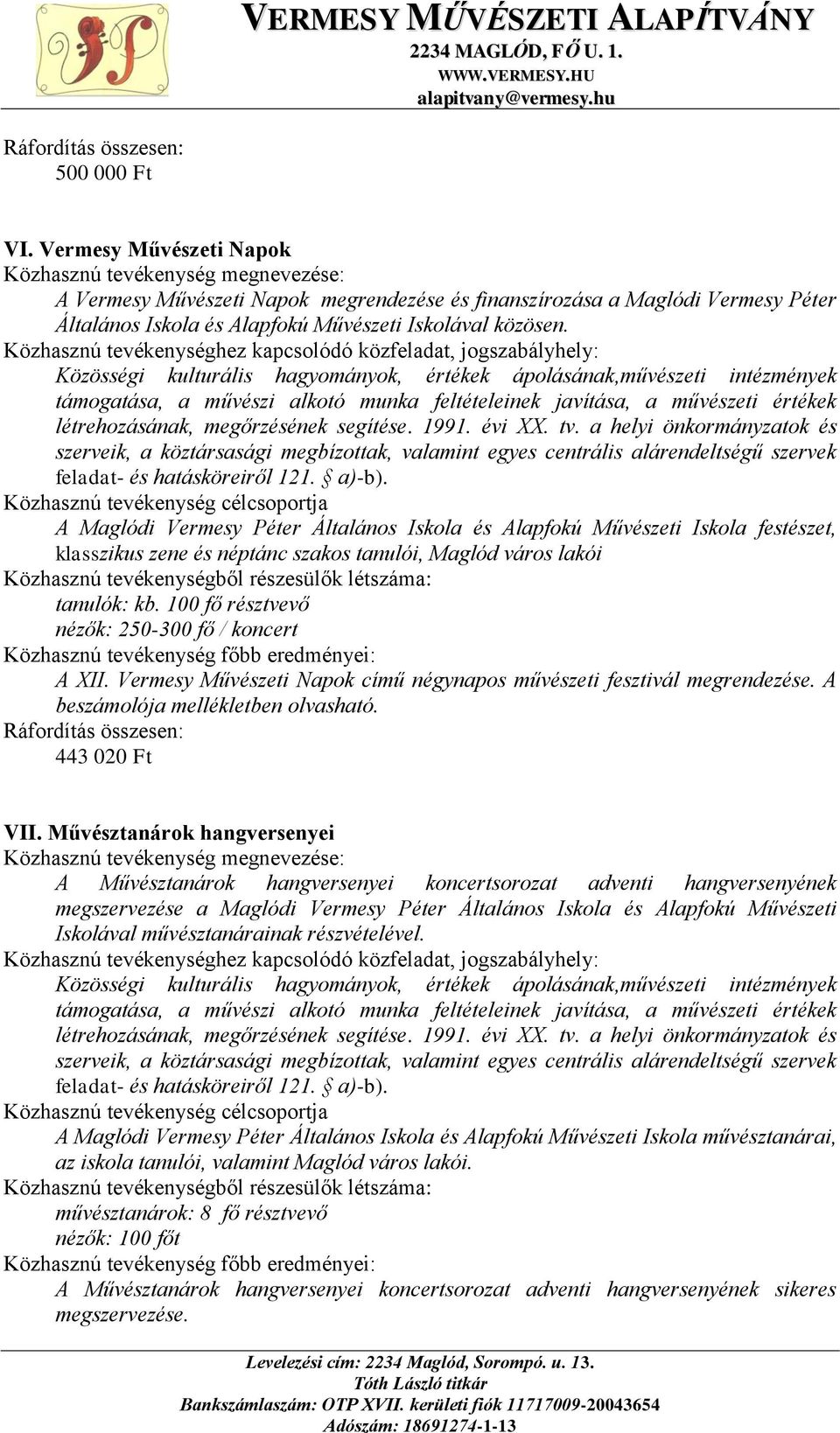 Vermesy Művészeti Napok című négynapos művészeti fesztivál megrendezése. A beszámolója mellékletben olvasható. 443 020 Ft VII.