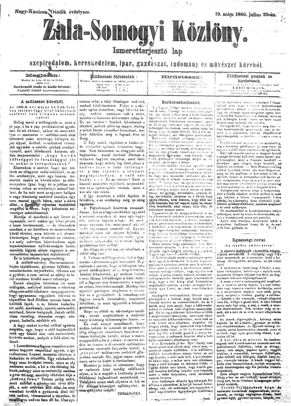 Az 1866-ik évi nijni hó 2 dík felében törtónt fagy által háborított asőlövel való elbánás eredmé nyéről- Holtig- tanul a szőlősgazda is, mint a jó pap, a ha a pap prédikátióval igyekszik híveit