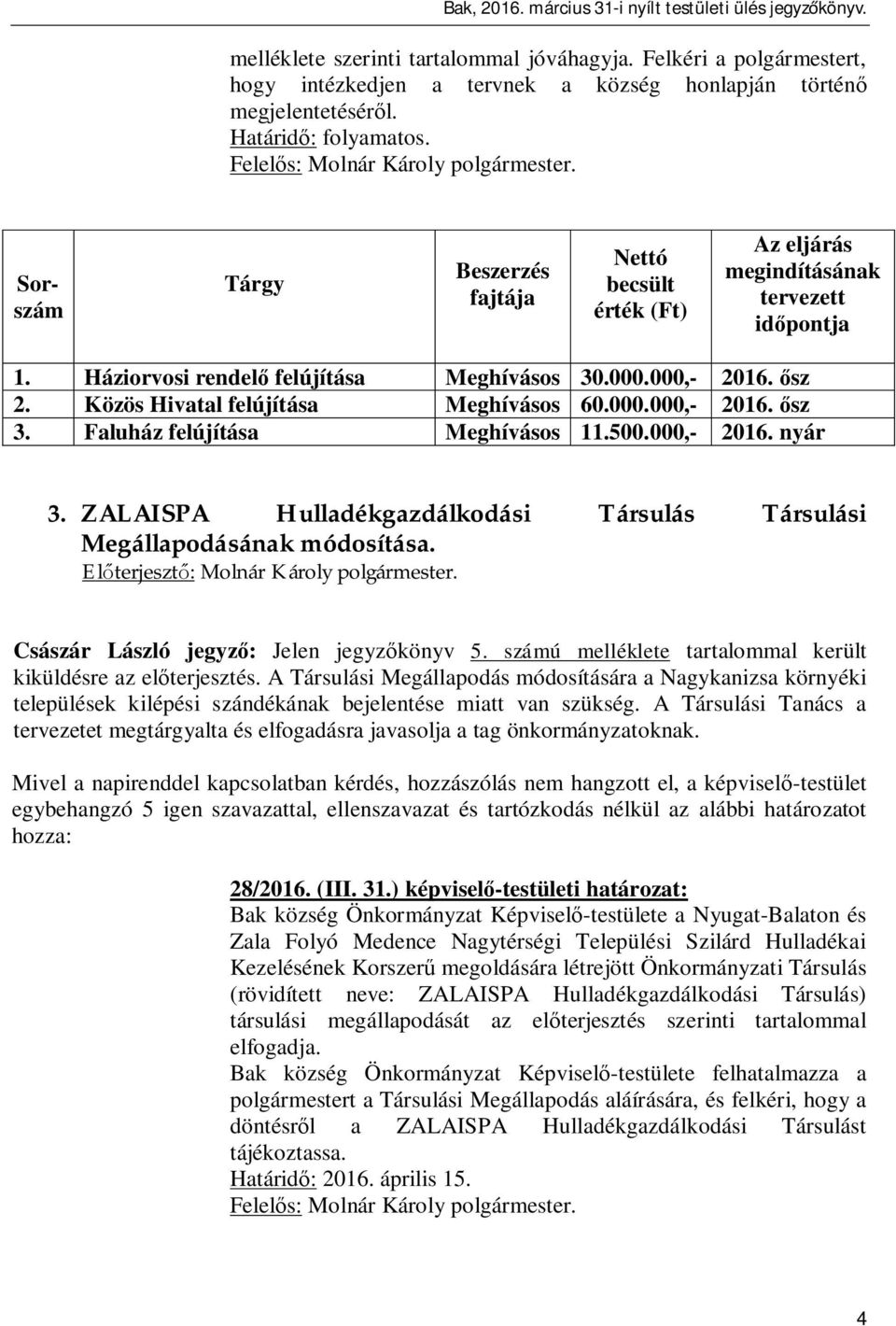 Közös Hivatal felújítása Meghívásos 60.000.000,- 2016. sz 3. Faluház felújítása Meghívásos 11.500.000,- 2016. nyár 3. ZALAISPA Hulladékgazdálkodási Társulás Társulási Megállapodásának módosítása.