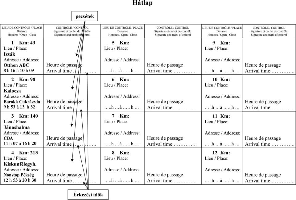 - Close CONTRÔLE / CONTROL Signature et cachet de contrôle Signature and mark of control 1 Km: 43 Izsák Otthon ABC 8 h 16 à 10 h 09 5 Km: 9 Km: 2 Km: 98 Kalocsa Barokk
