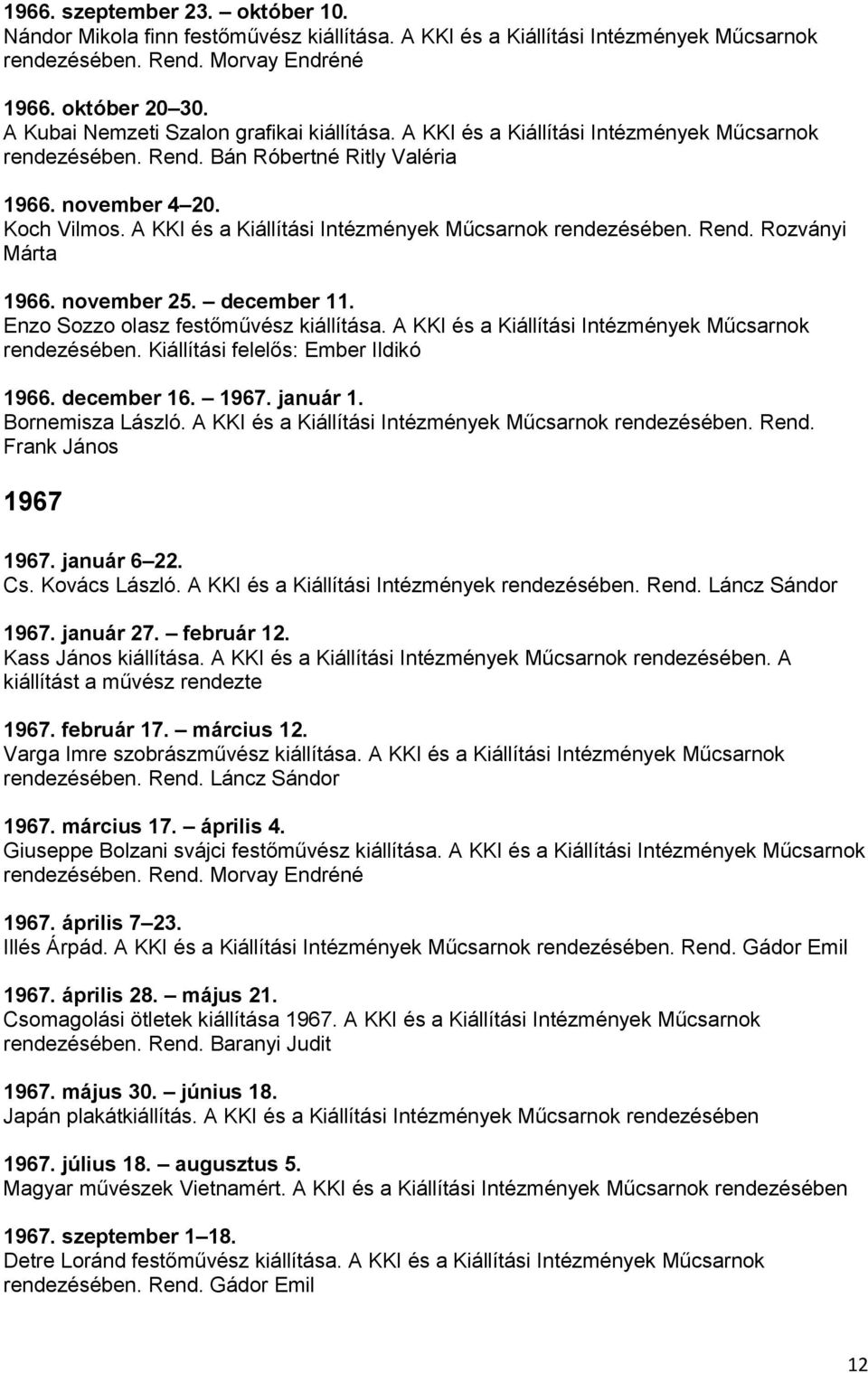 A KKI és a Kiállítási Intézmények Műcsarnok rendezésében. Rend. Rozványi Márta 1966. november 25. december 11. Enzo Sozzo olasz festőművész kiállítása.