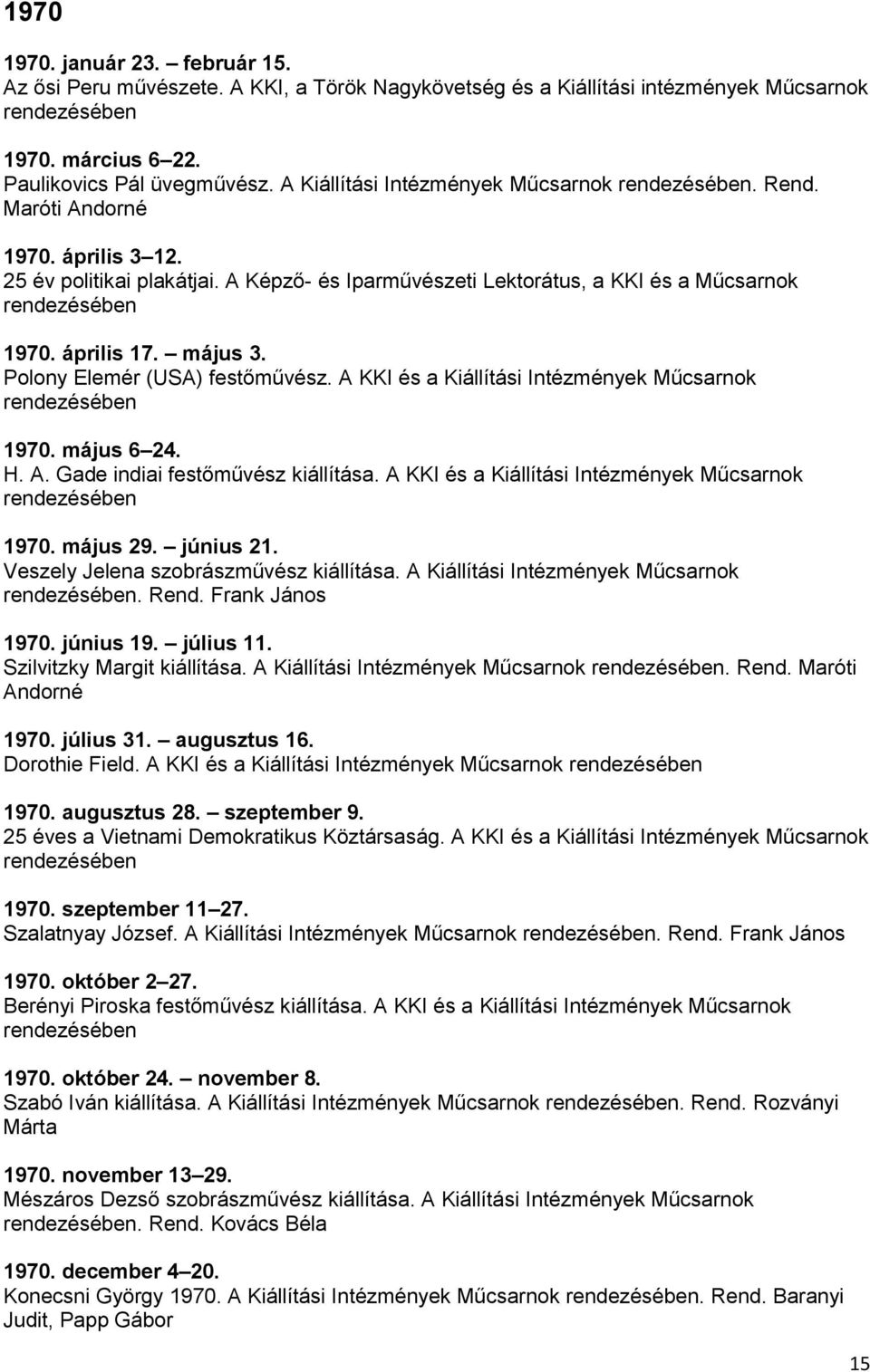 április 17. május 3. Polony Elemér (USA) festőművész. A KKI és a Kiállítási Intézmények Műcsarnok rendezésében 1970. május 6 24. H. A. Gade indiai festőművész kiállítása.