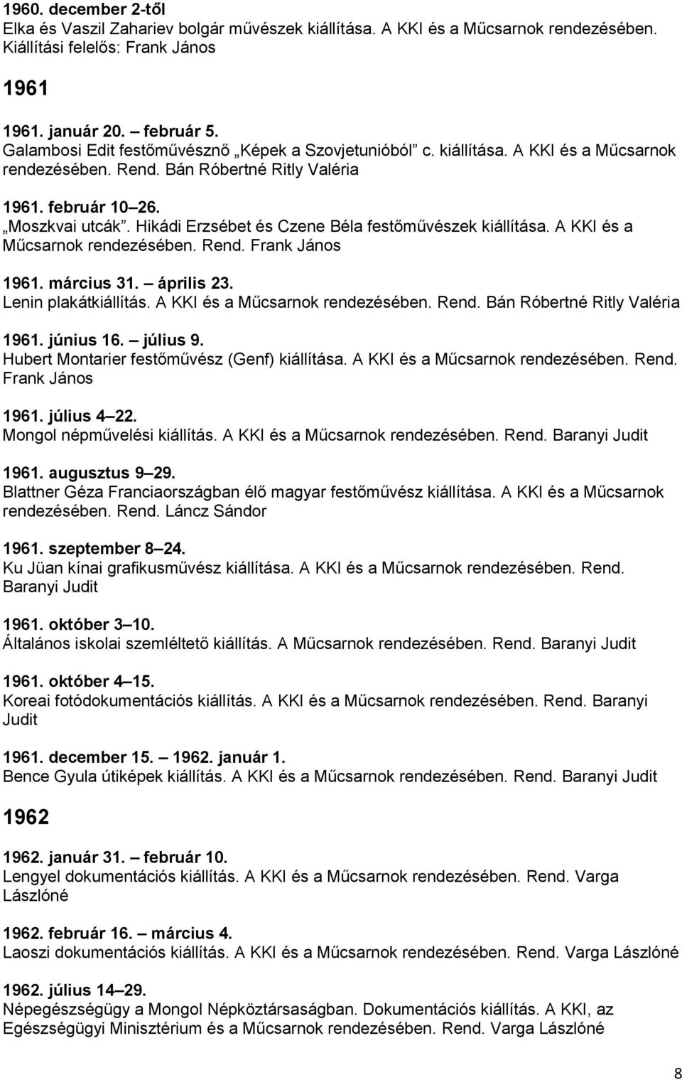 Hikádi Erzsébet és Czene Béla festőművészek kiállítása. A KKI és a Műcsarnok rendezésében. Rend. Frank János 1961. március 31. április 23. Lenin plakátkiállítás. A KKI és a Műcsarnok rendezésében. Rend. Bán Róbertné Ritly Valéria 1961.